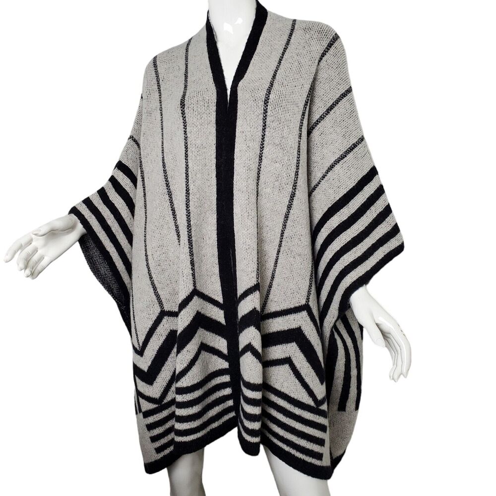 Zara Knit Womens Poncho Wrap Cardigan Size M Black Gray Striped Open Front